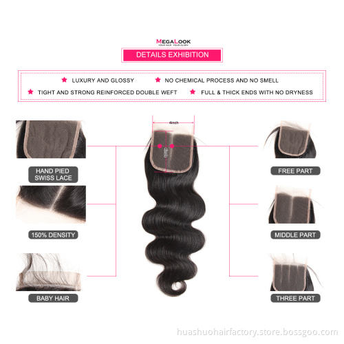 Huashuo 100% Brazilian Virgin Human Hair 10 inch Closure Natural Color 4*4 Swiss Lace Frontal Closure
